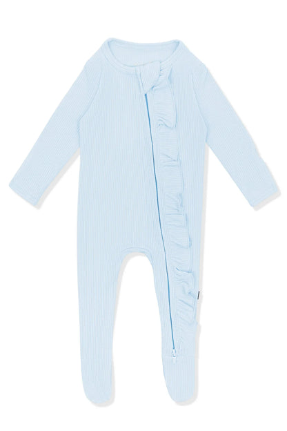 Ribbed Ruffle Zipper Footie in Breeze