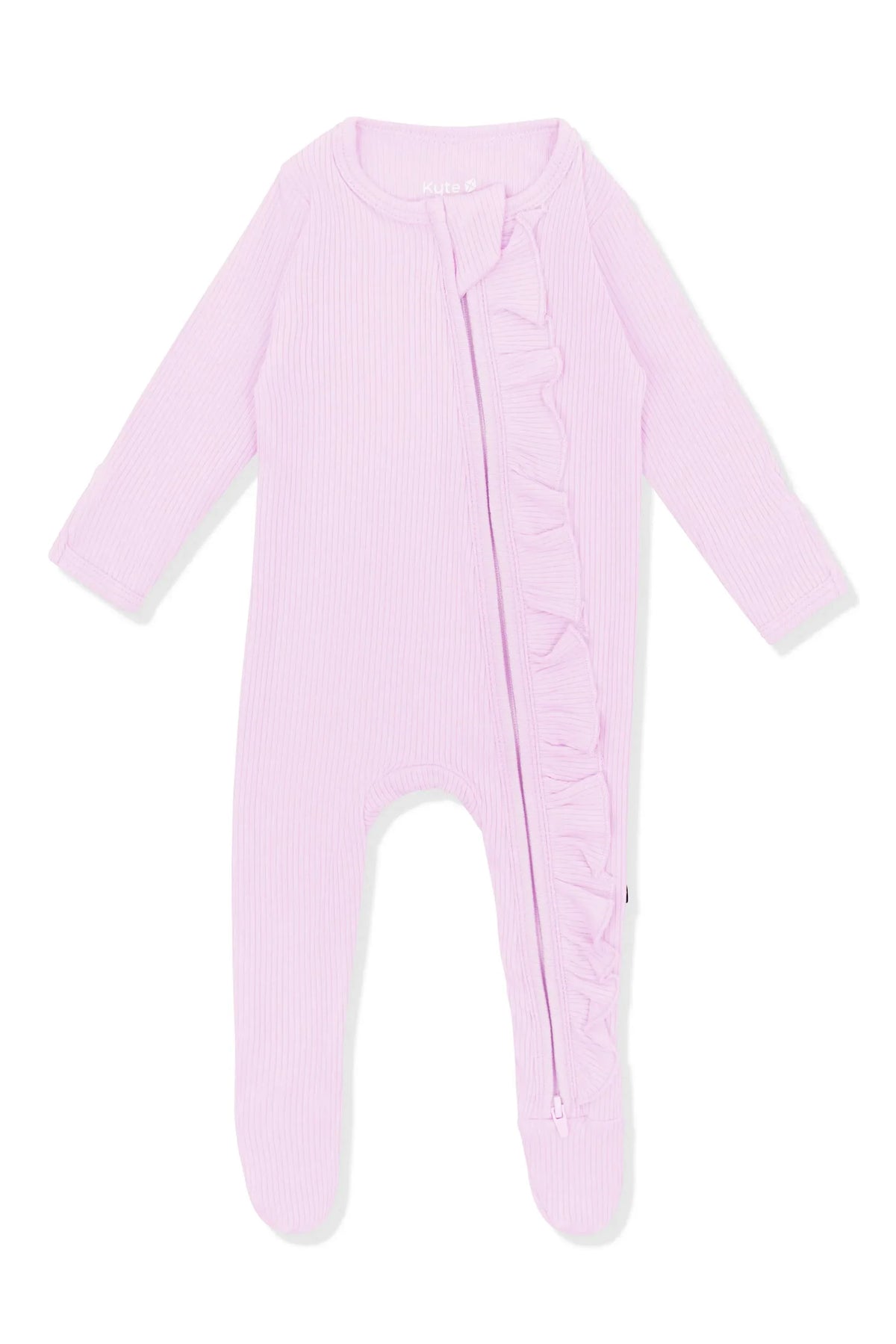 Ribbed Ruffle Zipper Footie in Thistle